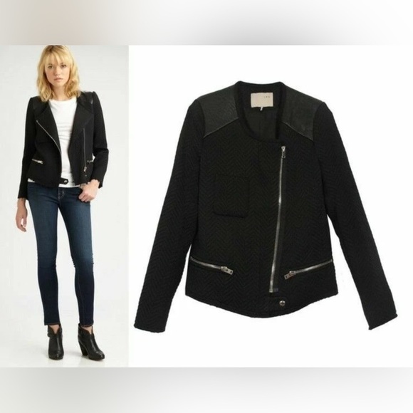 Iro Women's Size 1 Black Leather Shoulder Patches Phoebe Moto Jacket Jacket - Picture 2 of 14